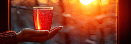 In front of a window, a person is holding a glass of red liquid, possibly a soft drink or juice, embodying tints and shades of orange fluid in stemwareの素材