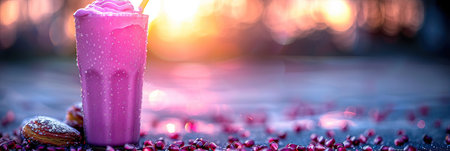 A delicious pink milkshake is placed on a table alongside donuts and pomegranate seeds, creating a vibrant and colorful scene with shades of red and pinkの素材