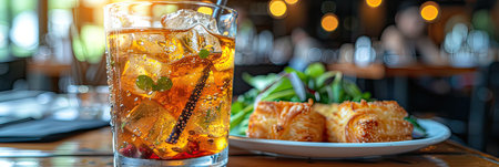 A glass of refreshing iced tea with a straw resting beside a plate of delicious food on a tableの素材
