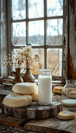 A rustic wooden table is illuminated by natural light from a window, where a glass of milk is placed. The setting exudes a cozy and inviting atmosphereの素材
