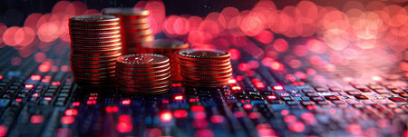A stack of coins is placed on a motherboard, depicting a combination of finance and technologyの素材