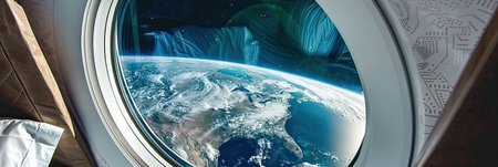 A stunning perspective of the earth seen through the window of an airplaneの素材