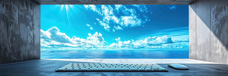 In front of a window with a view of the ocean, there are a computer keyboard and mouse placed on a deskの素材