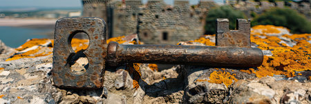 A rusty key is placed on the top of a rock wall, surrounded by elements such as wood, brickwork, metal, and soil, creating a unique landscapeの素材