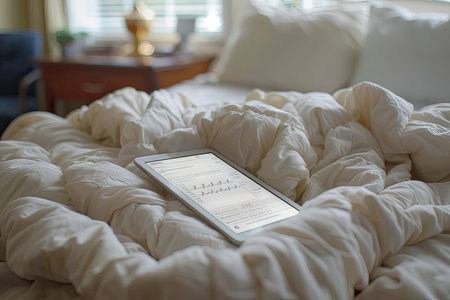 A rectangular tablet is resting on a bed covered with clean white sheets, exuding an aura of comfort and sophistication in the roomの素材