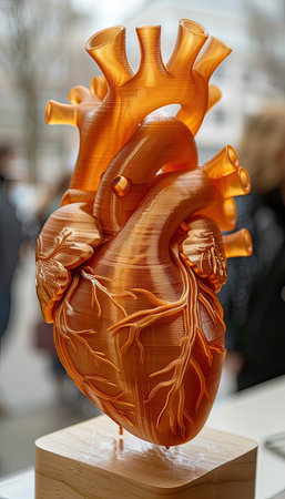 A sculpture depicting a human heart placed on a wooden pedestal, showing intricate details and artistry, capturing the essence of human anatomy and the beauty of artistic representationの素材