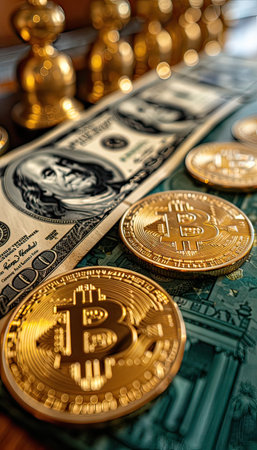 A stack of shining gold coins rests atop a mound of money, exuding wealth and prosperityの素材