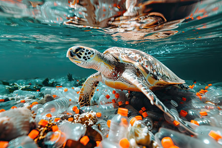 In the ocean, a sea turtle finds itself surrounded by plastic bottles, highlighting the harm caused by pollution on marine lifeの素材