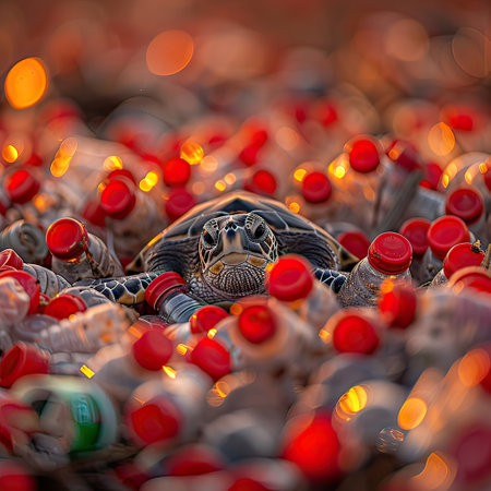 An amber turtle is carefully perched amongst a collection of vibrant orange plastic bottles, creating a striking contrast of colors and texturesの素材