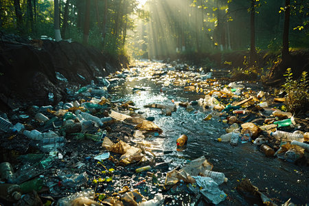 In the woods, there is a river polluted with plastic bottles and trash, posing a threat to water resources and the natural landscapeの素材