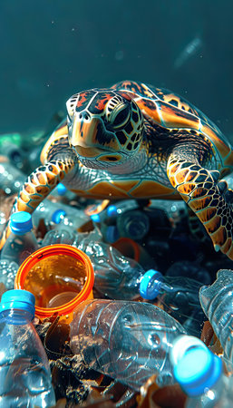 An electric blue sea turtle is gliding gracefully through a haunting underwater landscape littered with plastic bottles, a poignant reminder of the threats faced by marine organismsの素材