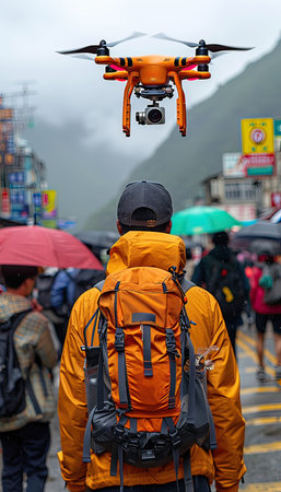 A man with an orange backpack is observing a drone flying above him in an outdoor location like a public spaceの素材