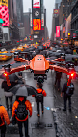 A drone equipped with rotorcraft is hovering above a lively garden where people are strolling in the background, enjoying the natural environmentの素材