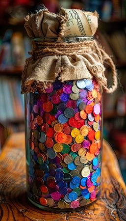 The glass jar is brimming with vibrant sequins and coins, creating a colorful and shimmering displayの素材