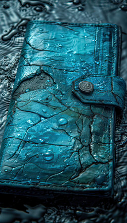 A blue leather wallet is placed within a pool of water, creating a contrast of textures and materialsの素材