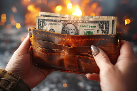 In the image, a hand is shown holding a wallet containing a 1 dollar bill. The lighting is soft, with amber and orange hues. The gesture of the fingers is delicateの素材