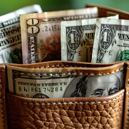 In the basket, there is a brown leather wallet containing onedollar bills. The rectangle shape of the banknotes suggests careful money handling and cash managementの素材