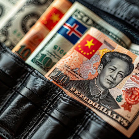 A wallet brimming with various foreign currencies, such as a 20dollar bill, showcasing a diverse collection of banknotes and cash from different countriesの素材