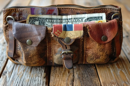 A brown purse containing a 1 dollar bill, made of natural materials resembling wood, can be categorized under luggage and bags, as a fashion accessoryの素材