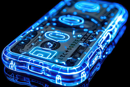 The cell phone is designed to resemble a 100 dollar bill, featuring a unique and eyecatching design. It combines functionality with a striking appearanceの素材