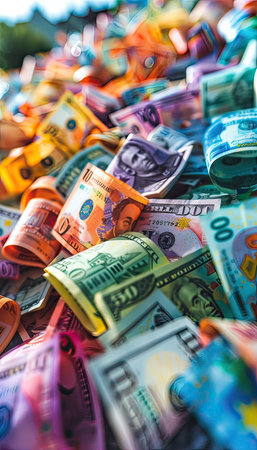 A neat stack of colorful banknotes is arranged on top of each other, creating a vibrant display of various denominationsの素材