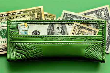 A rectangular green wallet filled with one hundred dollar bills, making it a stylish and functional fashion accessory that holds cashの素材