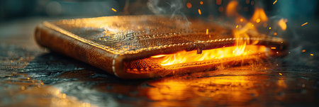 leather men's wallet burning with fire,の素材