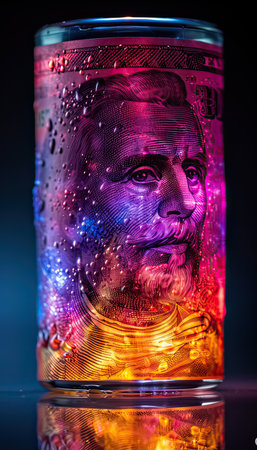 A can of soda with a dollar bill image on it, under keywords like Drinkware, Liquid, Bottle, Barware, Drink, Fluid, Lighting, Purple, Glass bottle, Alcoholic beverageの素材