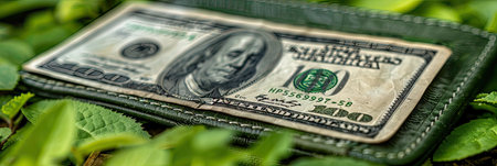 A close up photo of a dollar bill inside a wallet with green leaves around itの素材