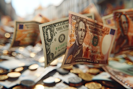 A 1 dollar bill is gracefully descending into a stack of various coins, showcasing concepts of money handling, currency, cash, saving, and a closeup view on financial assetsの素材