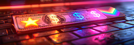 A dollar bill marked by a star rests on a keyboard, creating an intriguing composition of money and technologyの素材