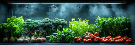 Inside the greenhouse, various vegetables are thriving amidst wisps of smoke rising. Plants, leafy greens, and whole foods create a lush, natural landscape of veggiesの素材