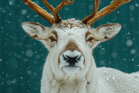 This image features a closeup shot that captures the face of a reindeer as it stands in the snow, showing its beautiful featuresの素材