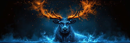 A magnificent deer adorned with stunning, flaming antlers is peacefully laying in the calm, clear water of a beautiful natural landscapeの素材