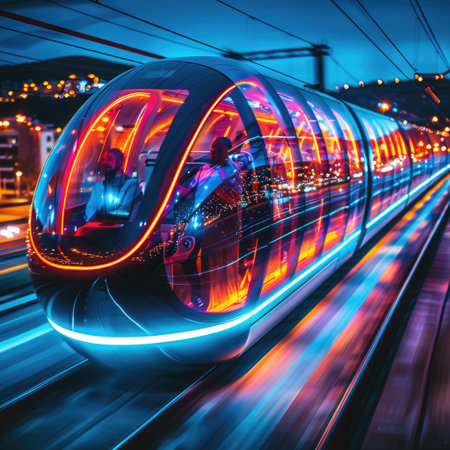 A shiny, futuristic train is smoothly gliding down the tracks under the starry night sky, illuminating the surroundings with vibrant lightsの素材