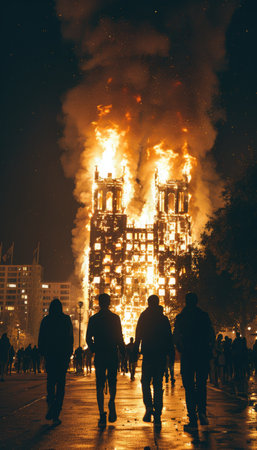 Firefighters stand boldly against a raging fire, highlighting the immense courage and urgency in dire situationsの素材