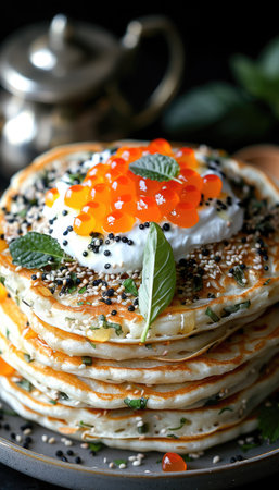 A truly stunning, multilayered pastry delicately topped with vibrant caviar, making it perfect for gourmet dishesの素材