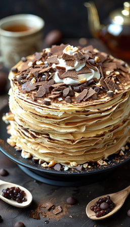 A truly stunning, multilayered pastry delicately topped with vibrant caviar, making it perfect for gourmet dishesの素材