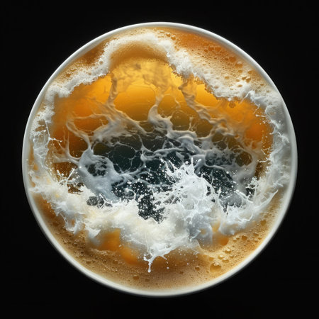 A detailed close up view showcasing a circle filled with liquid topped with a layer of foam and tiny bubbles, creating an interesting visualの素材