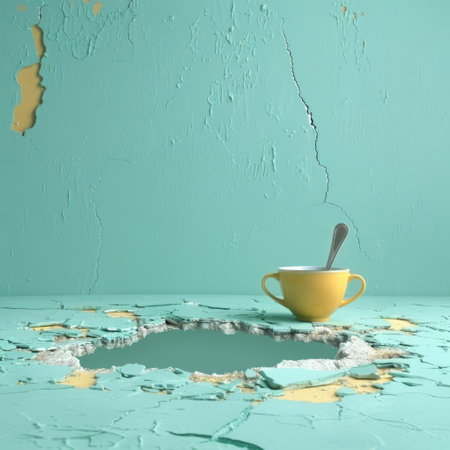 A surreal image of a vibrant yellow cup with a spoon, set against a cracked teal background for contrastの素材