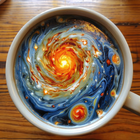 An artistic coffee design that beautifully showcases a swirling galaxy with a plethora of vibrant colorsの素材