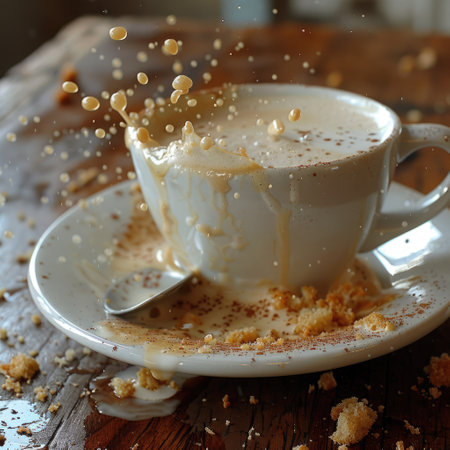 A captivating dynamic shot captures the moment of coffee splashing from a cup, surrounded by crumbs on a rustic tableの素材