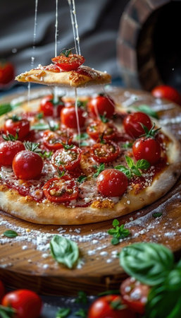 Indulge in this delightful classic Margherita pizza, generously topped with fresh basil and creamy mozzarella cheeseの素材