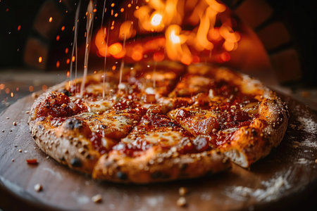 Indulge in this delightful classic Margherita pizza, generously topped with fresh basil and creamy mozzarella cheeseの素材