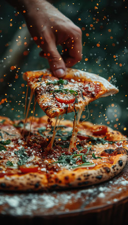 Indulge in this delightful classic Margherita pizza, generously topped with fresh basil and creamy mozzarella cheeseの素材