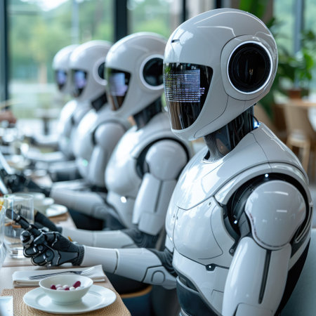 Four humanoid robots sit at a dining table, engaging with electronic displays and enjoying a meal in a contemporary setting.の素材