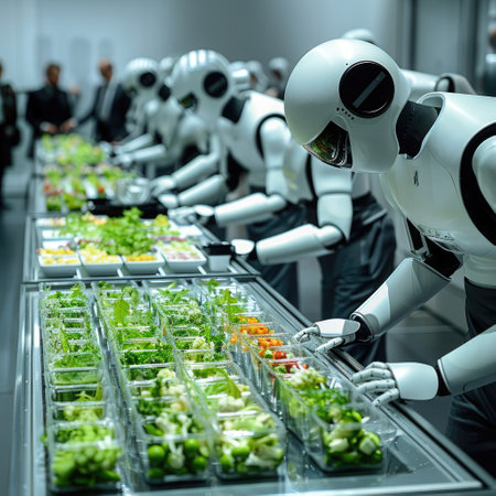 A group of robots meticulously arranges various fresh vegetables in a modern kitchen during a food preparation event.の素材
