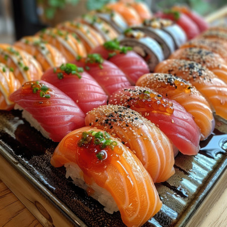 photography shot, Japanese omakase. The chef behind the counter prepares exquisite nigiri. Freshest fish, shiny rice. Guests watch the master's virtuoso work. Minimalistic presentation on ceramic plates.の素材