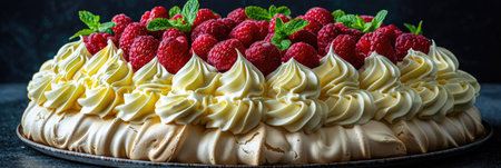 photography shot, New Zealand pavlova ice cream. White meringue, decorated with fresh kiwi, strawberries, and passion fruit. Whipped cream on the sides. Mint for decoration. Served in a glass bowl. --chaos 100 --ar 3:1 --style raw --stylize 1000 --v 6 Job ID: 7fa1b482-d3b3-4d96-9cbc-8cb0efb533b0の素材