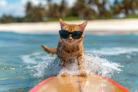 A cat paddles on a surfboard, wearing stylish sunglasses amidst ocean waves.の素材